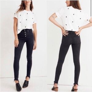 Madewell 9” High Riser Skinny  Exposed Button Fly Black Raw Hem Stretch Jean
